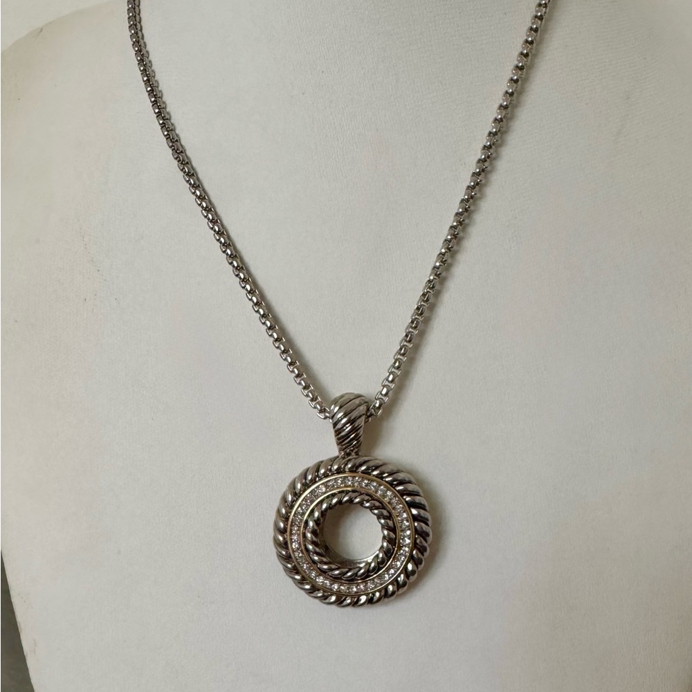 Silver Tone Twisted Circle Pendant Necklace with Rhinestone Accents